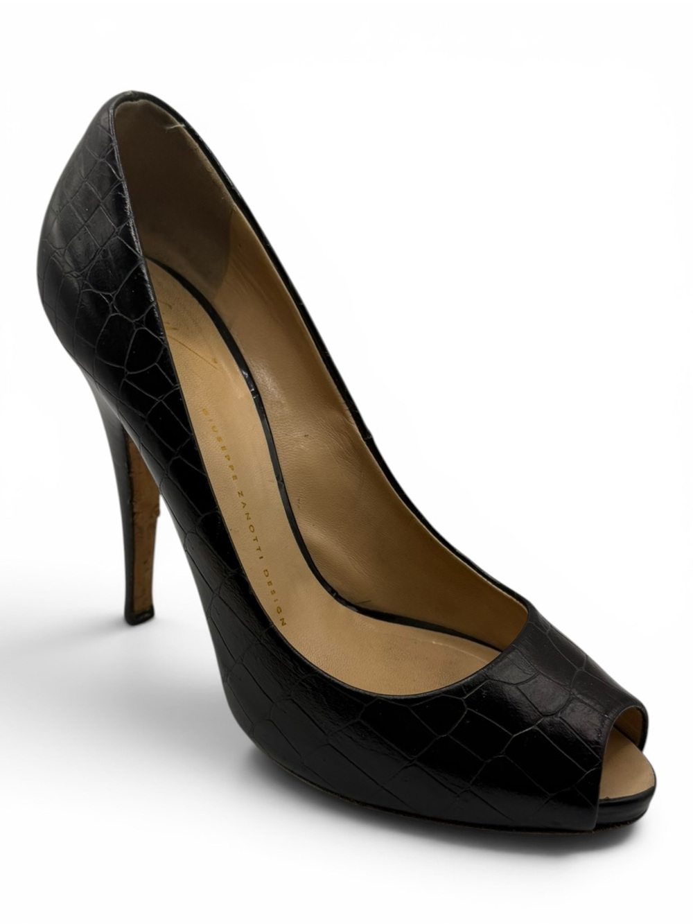 Giuseppe Zanotti Black Croc Embossed Leather Peep-Toe Pumps - Size 39